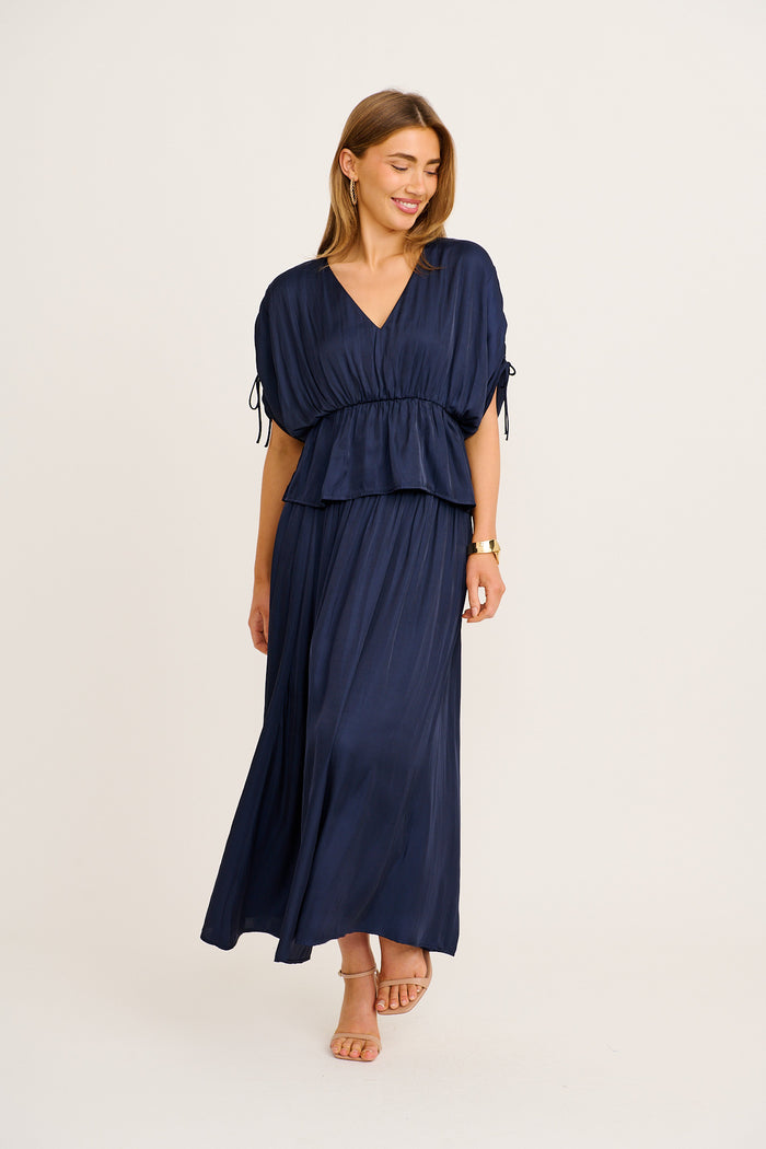 Dream Luxe Maxi Skirt in Navy Satin full length