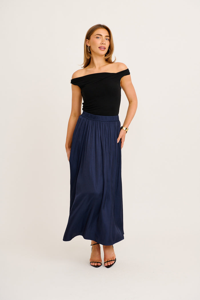 Dream Luxe Maxi Skirt in Navy Satin full length