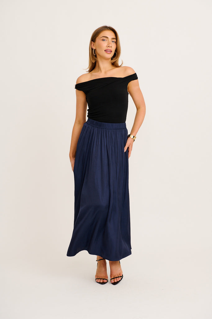 Dream Luxe Maxi Skirt Navy Satin | St Frock