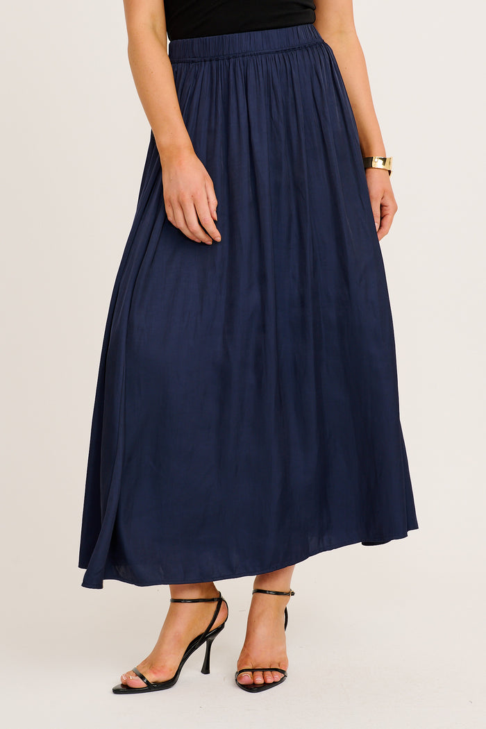 Dream Luxe Maxi Skirt in Navy Satin front