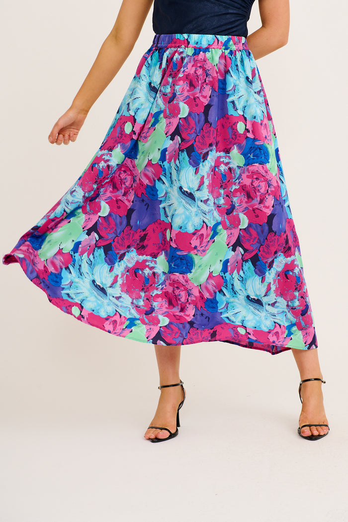 Dream Luxe Maxi Skirt in Multi Watercolour Satin front