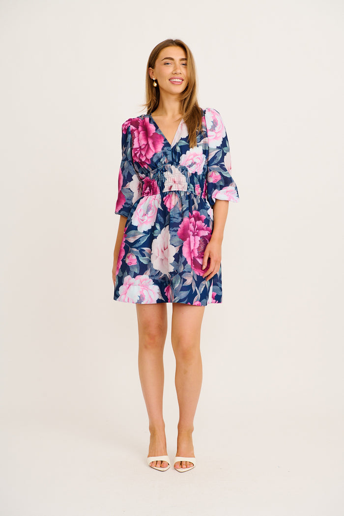 Shimmer Dress in Navy with Pink Floral Linen Blend full length