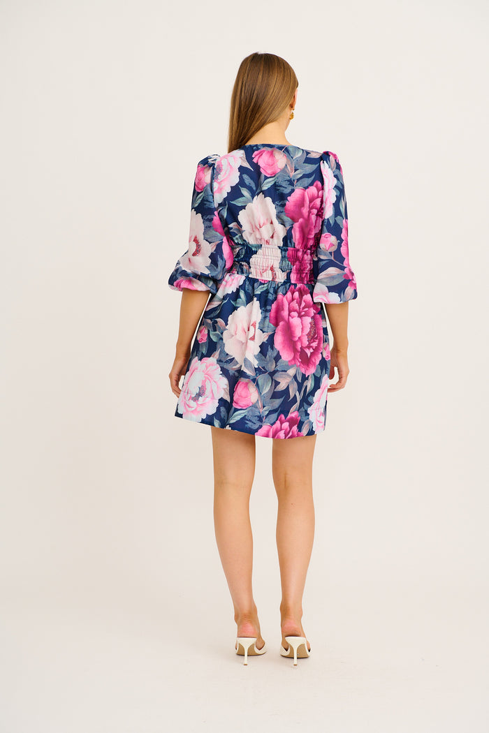 Shimmer Dress in Navy with Pink Floral Linen Blend back