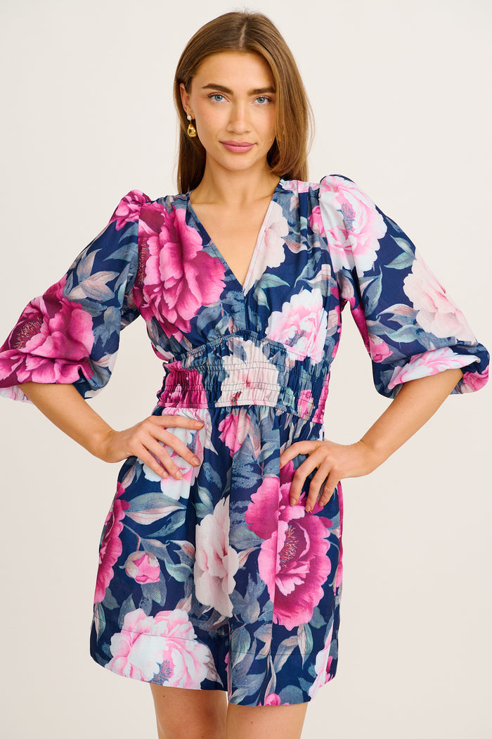 Shimmer Dress in Navy with Pink Floral Linen Blend front
