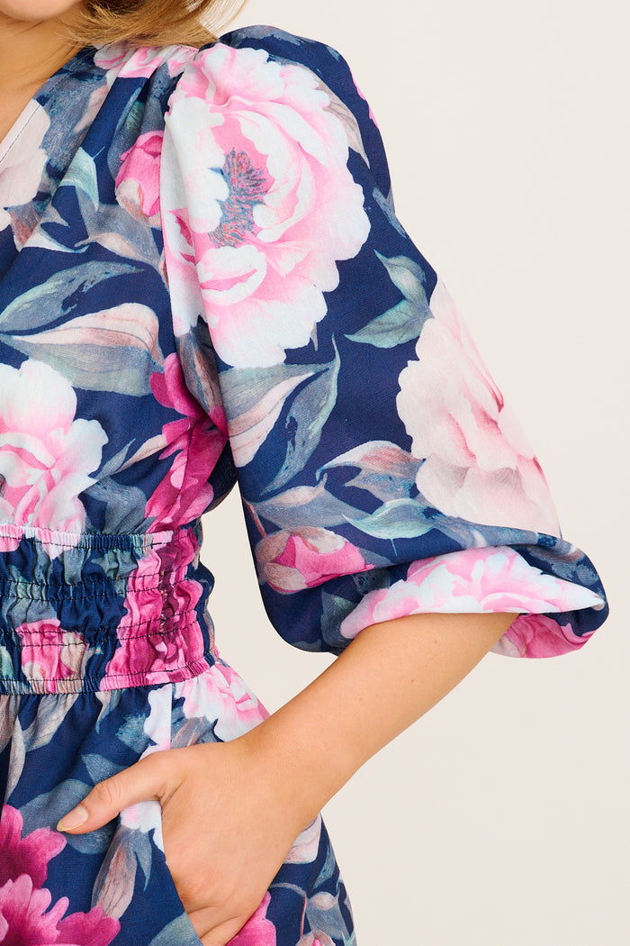 Shimmer Dress in Navy with Pink Floral Linen Blend detail