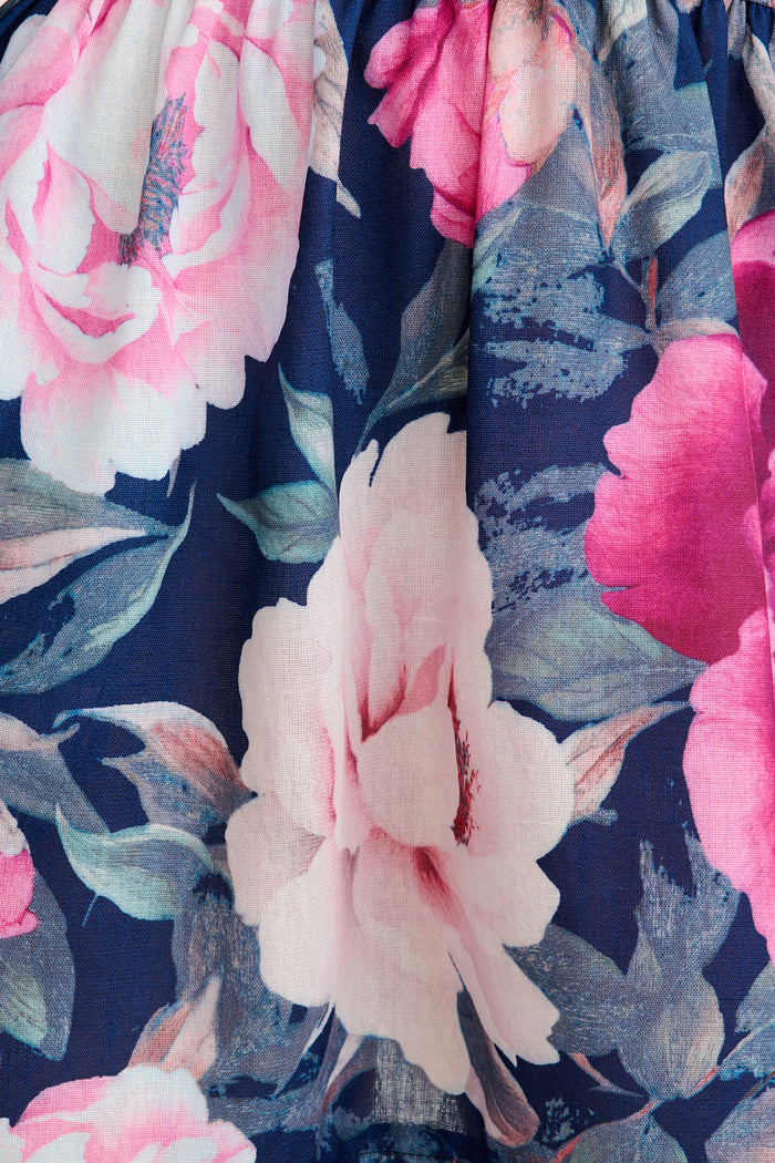 Shimmer Dress in Navy with Pink Floral Linen Blend fabric