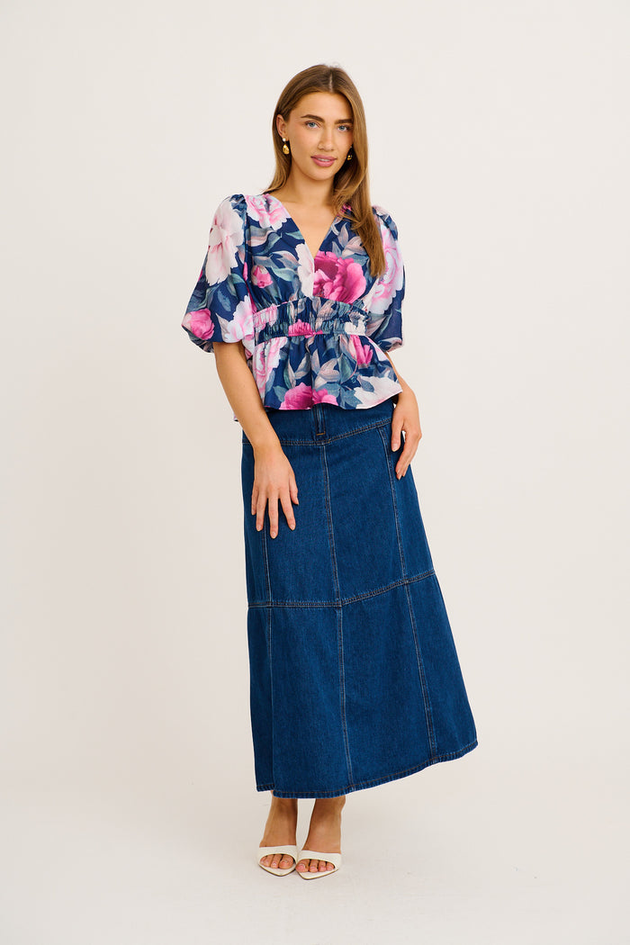 Perfection Top In Navy with Pink Floral Linen Blend full length