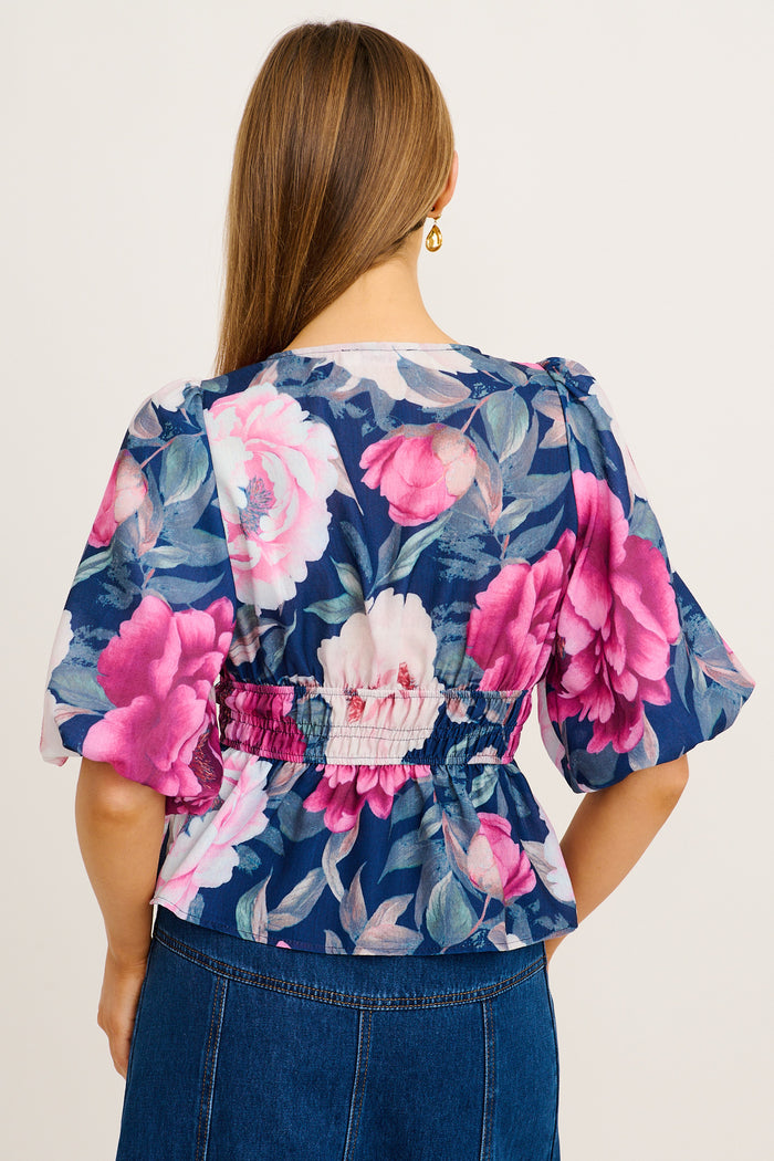 Perfection Top In Navy with Pink Floral Linen Blend back
