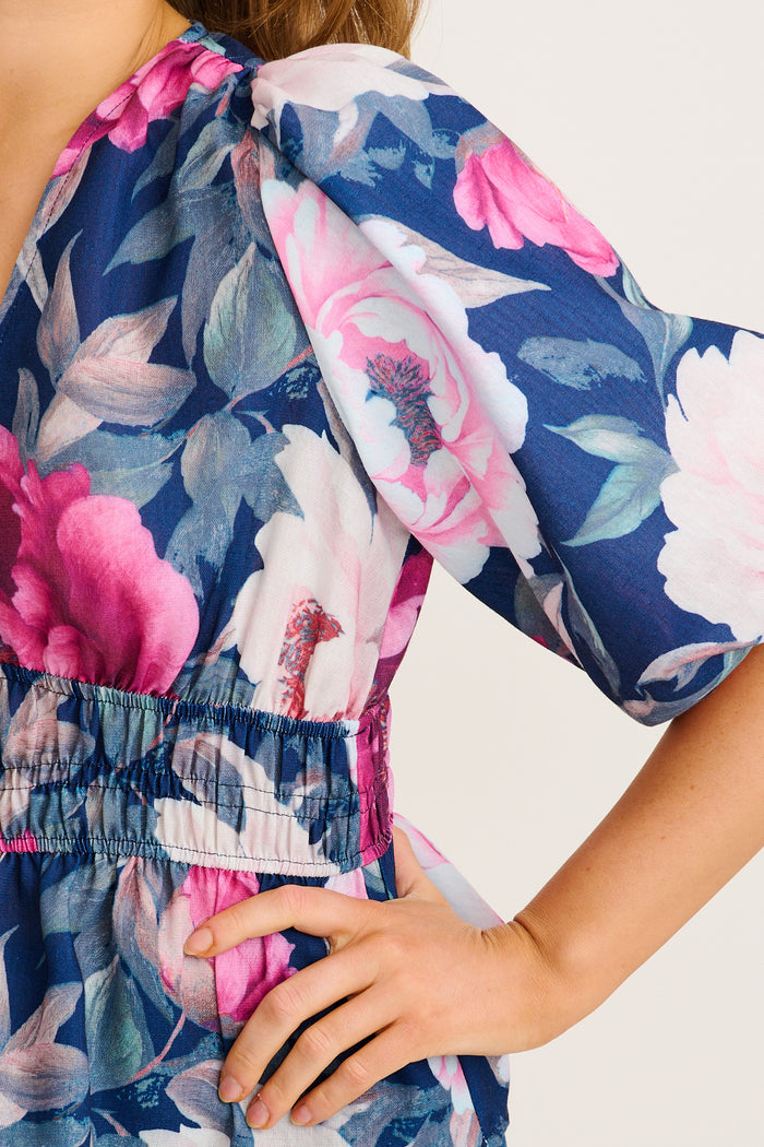 Perfection Top In Navy with Pink Floral Linen Blend detail