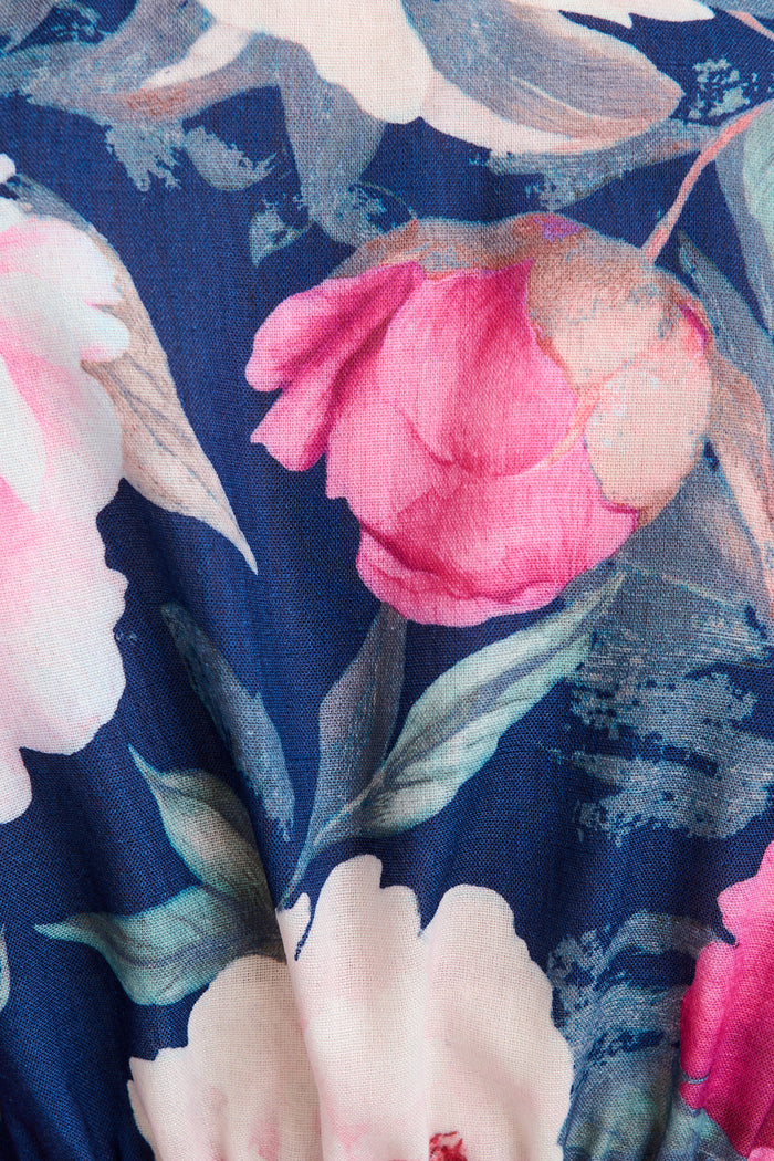 Perfection Top In Navy with Pink Floral Linen Blend fabric