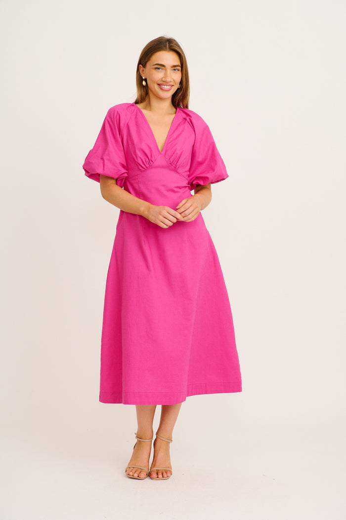 Secret Radiance Maxi Dress in Magenta Linen Blend full length