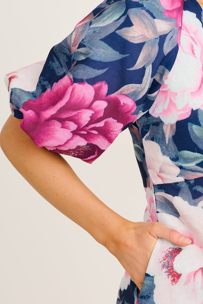 Secret Radiance Maxi Dress in Navy with Pink Floral Cotton Linen detail