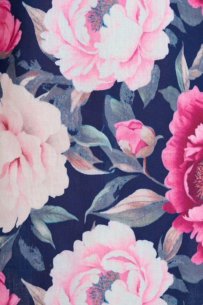 Secret Radiance Maxi Dress in Navy with Pink Floral Cotton Linen fabric