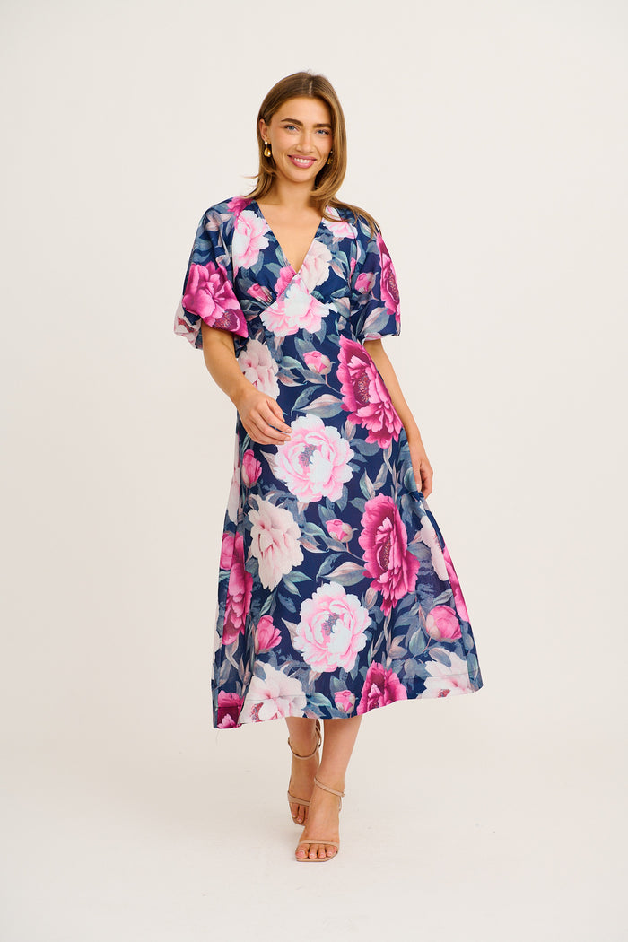 Secret Radiance Maxi Dress in Navy with Pink Floral Cotton Linen full length