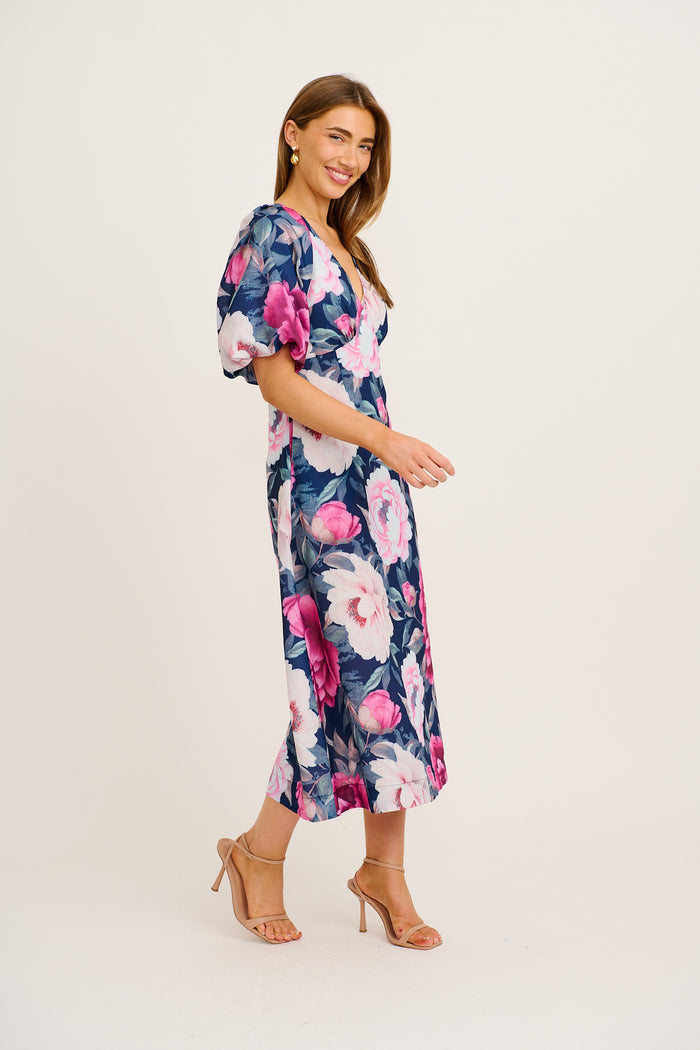 Secret Radiance Maxi Dress in Navy with Pink Floral Cotton Linen side
