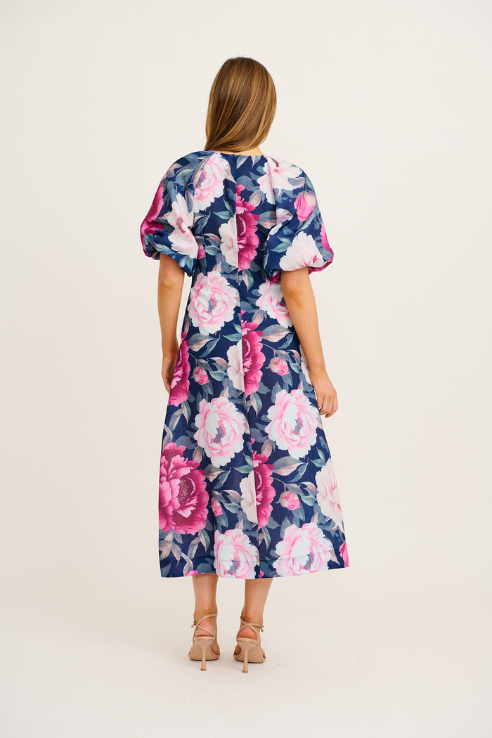 Secret Radiance Maxi Dress in Navy with Pink Floral Cotton Linen back