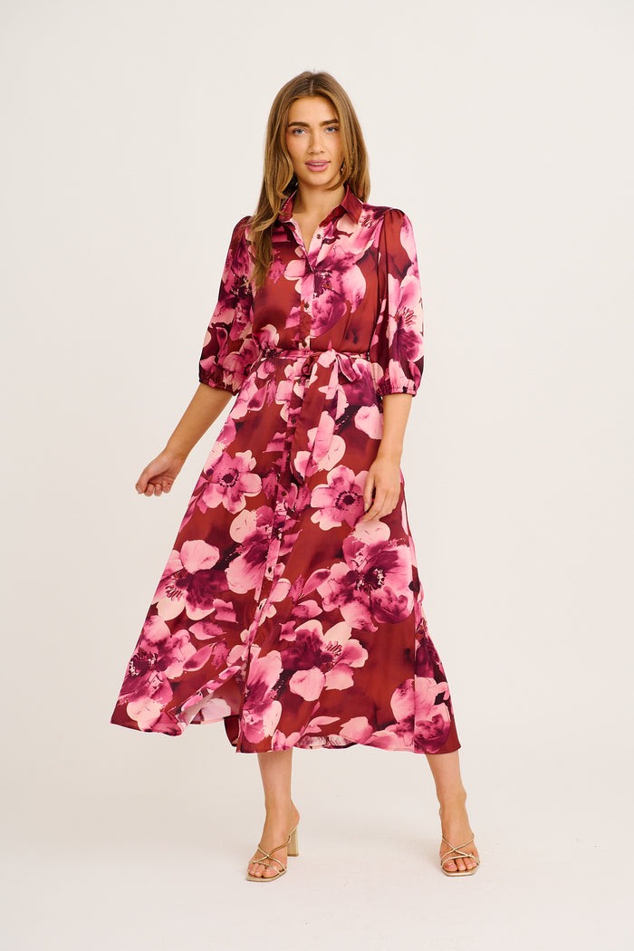 Elevation Maxi Shirt Dress in Wine with Blush Floral Satin full length