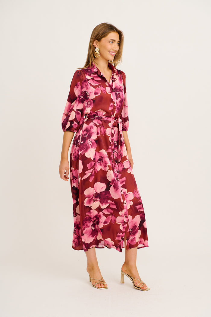 Elevation Maxi Shirt Dress in Wine with Blush Floral Satin side