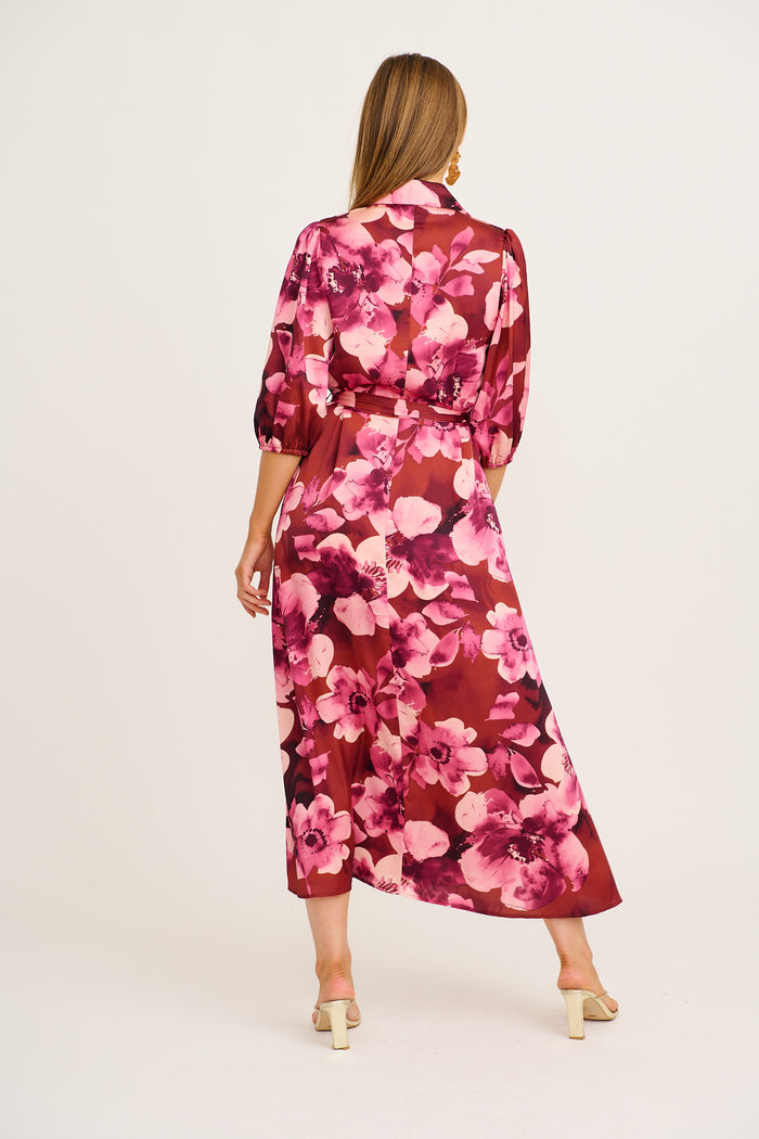 Elevation Maxi Shirt Dress in Wine with Blush Floral Satin back