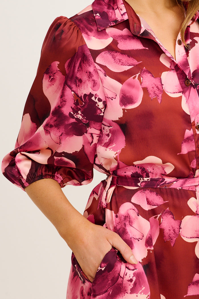 Elevation Maxi Shirt Dress in Wine with Blush Floral Satin detail
