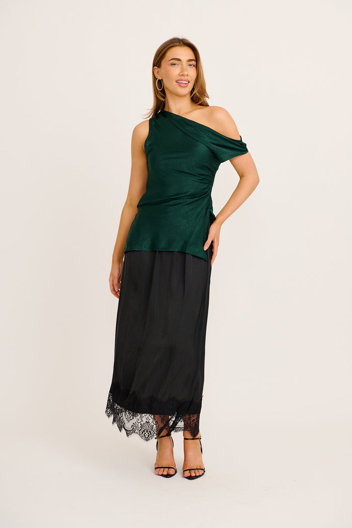 Sleek Off Shoulder Top in Emerald Satin full length