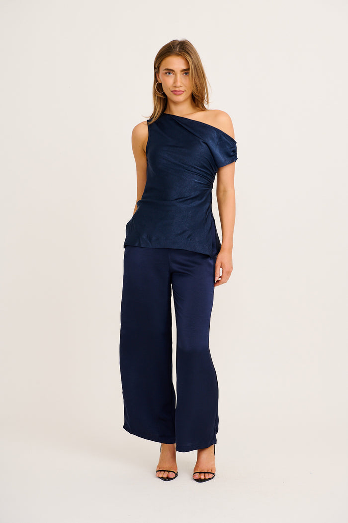 Sleek Off Shoulder Top in Navy Satin full length