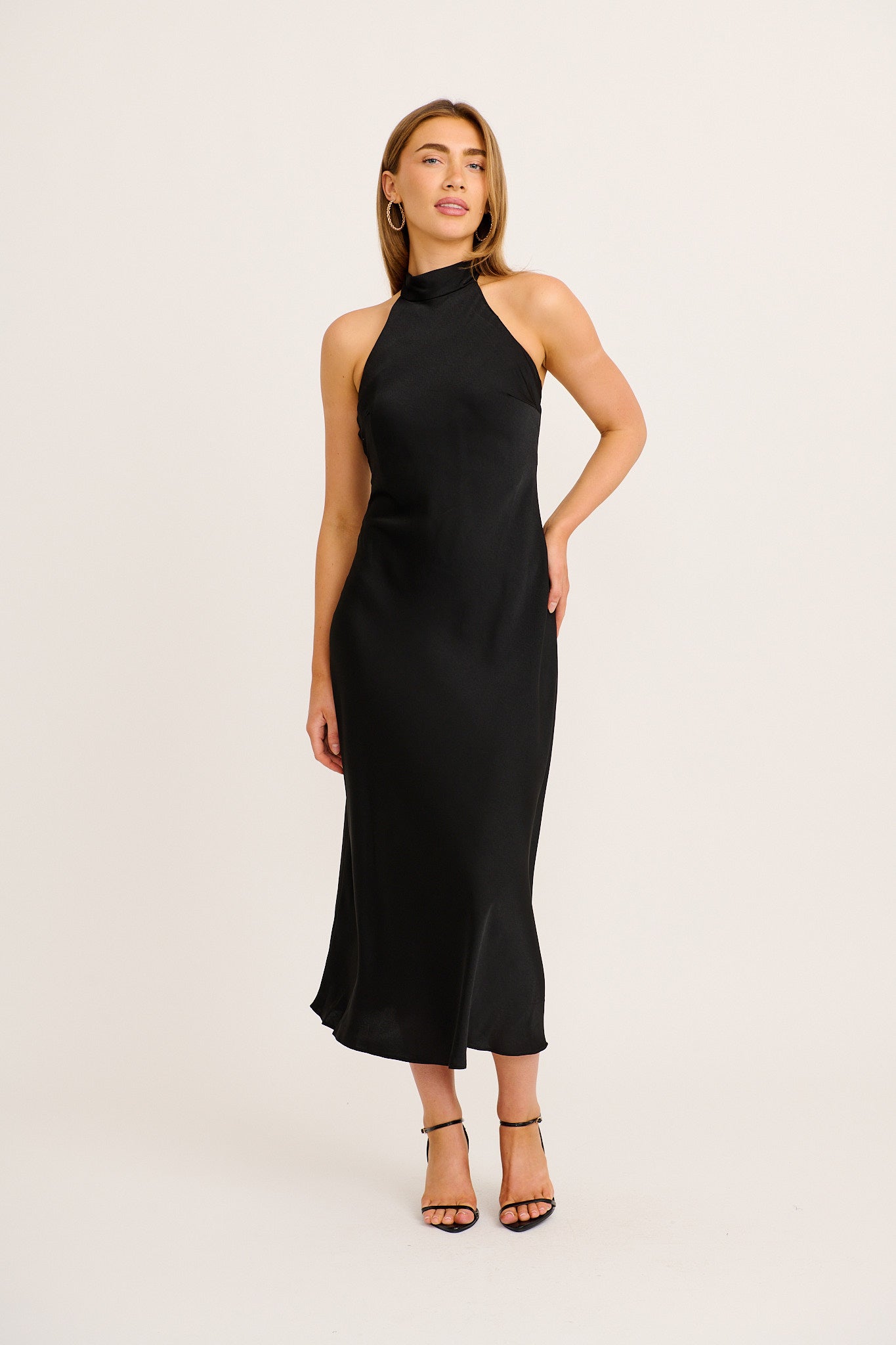 Luxury Halter Neck Maxi Dress in Black Satin full length