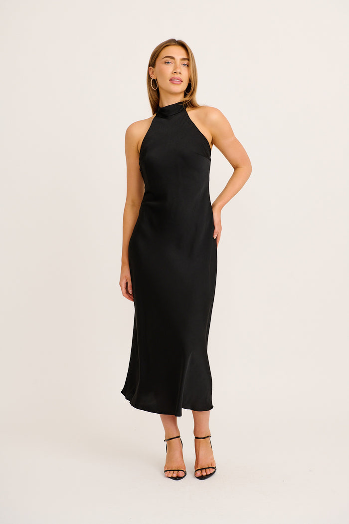 Luxury Halter Neck Maxi Dress in Black Satin full length