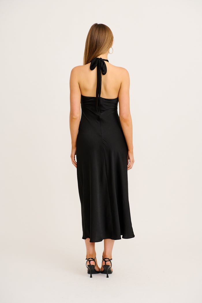 Luxury Halter Neck Maxi Dress in Black Satin back