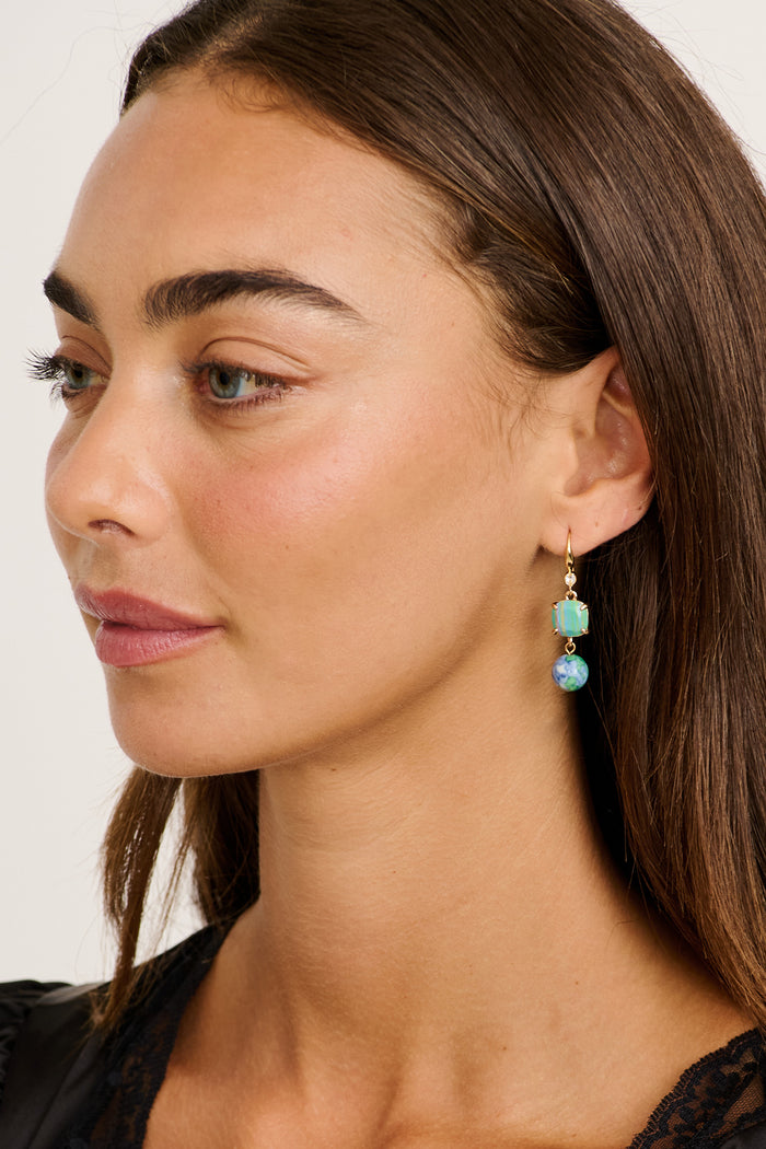 Luna Dangle Earrings in Baby Blue Beads on model side