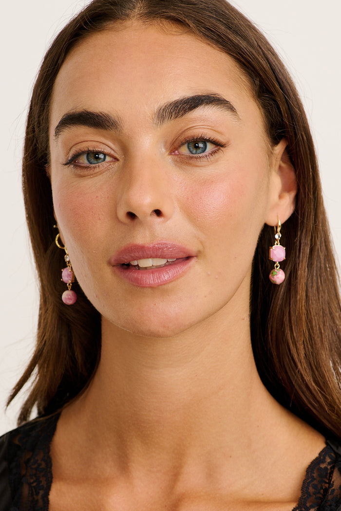 Luna Dangle Earrings in Rose and Lilac Beads on model front