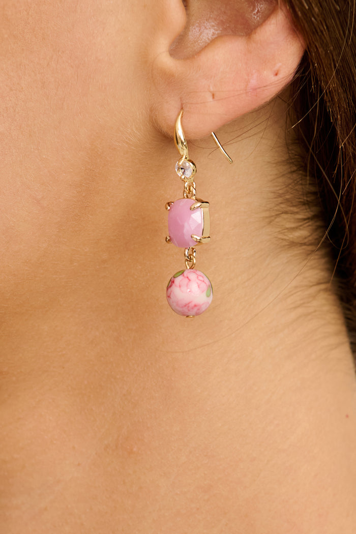 Luna Dangle Earrings in Rose and Lilac Beads on model close up