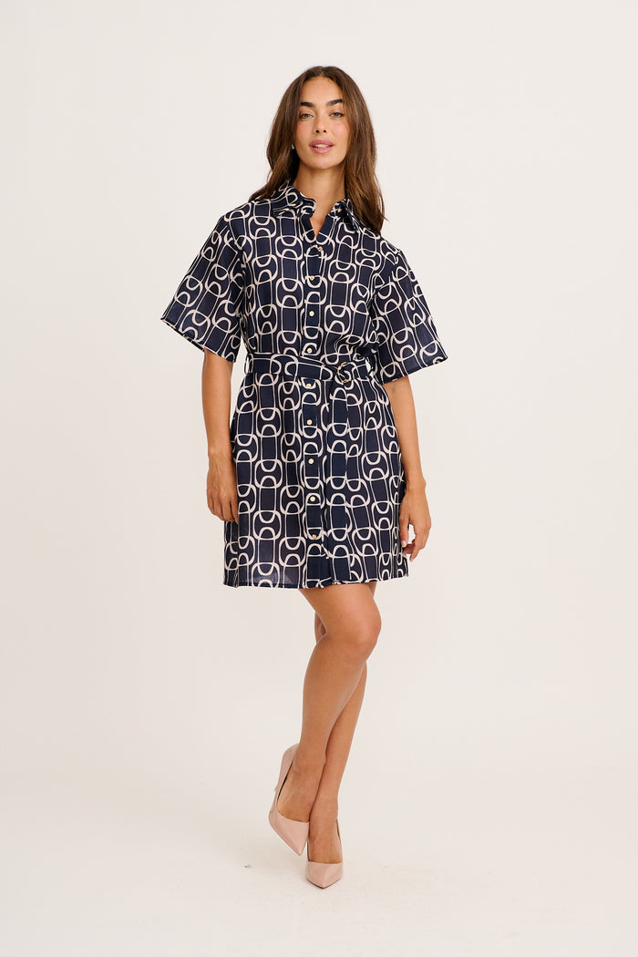 Star Power Shirt Dress in Navy Geometric Print Linen Blend full length