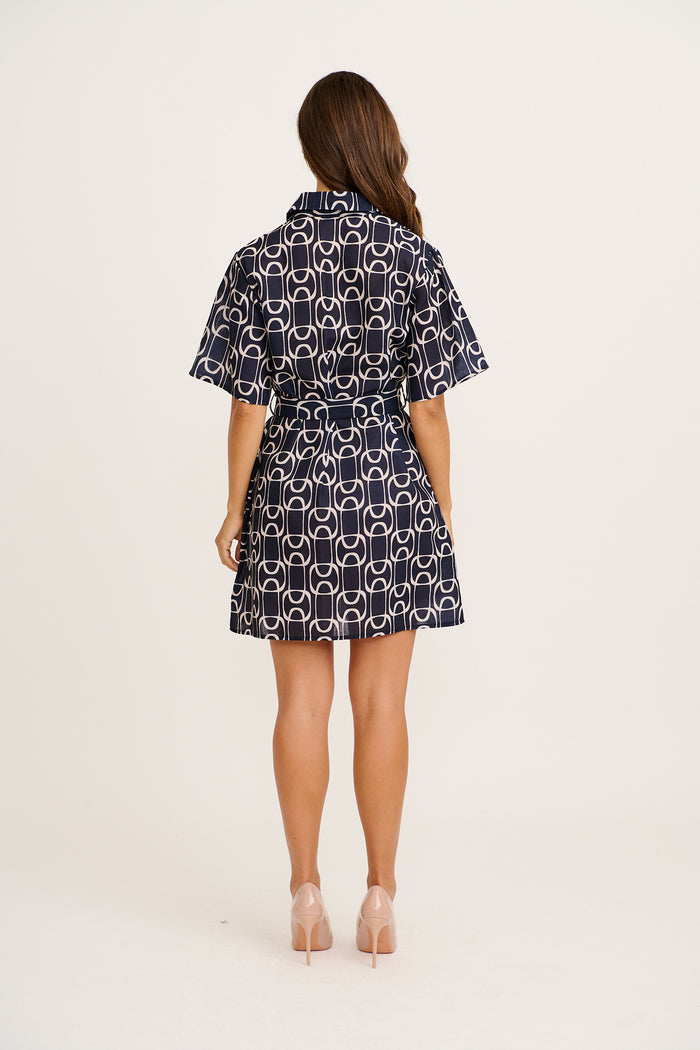 Star Power Shirt Dress in Navy Geometric Print Linen Blend back