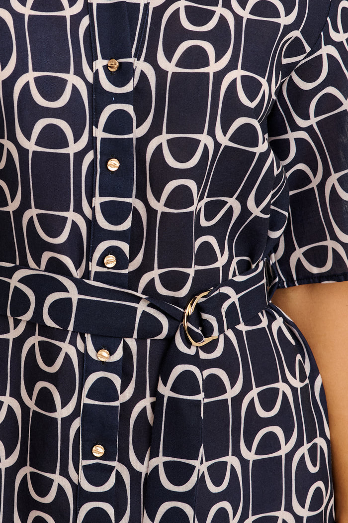 Star Power Shirt Dress in Navy Geometric Print Linen Blend detail