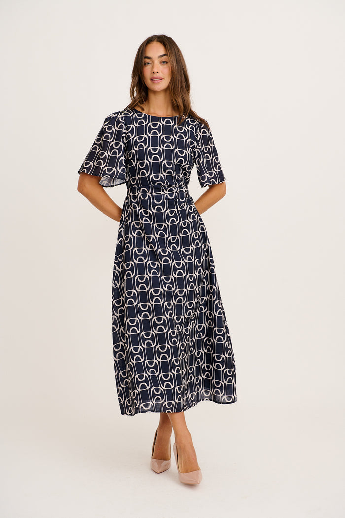 Styled for Success Midi Dress in Navy Geometric Print Linen Blend full length