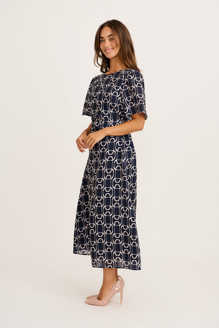 Styled for Success Midi Dress in Navy Geometric Print Linen Blend side