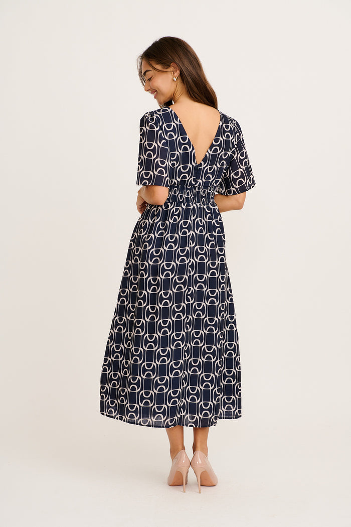Styled for Success Midi Dress in Navy Geometric Print Linen Blend back