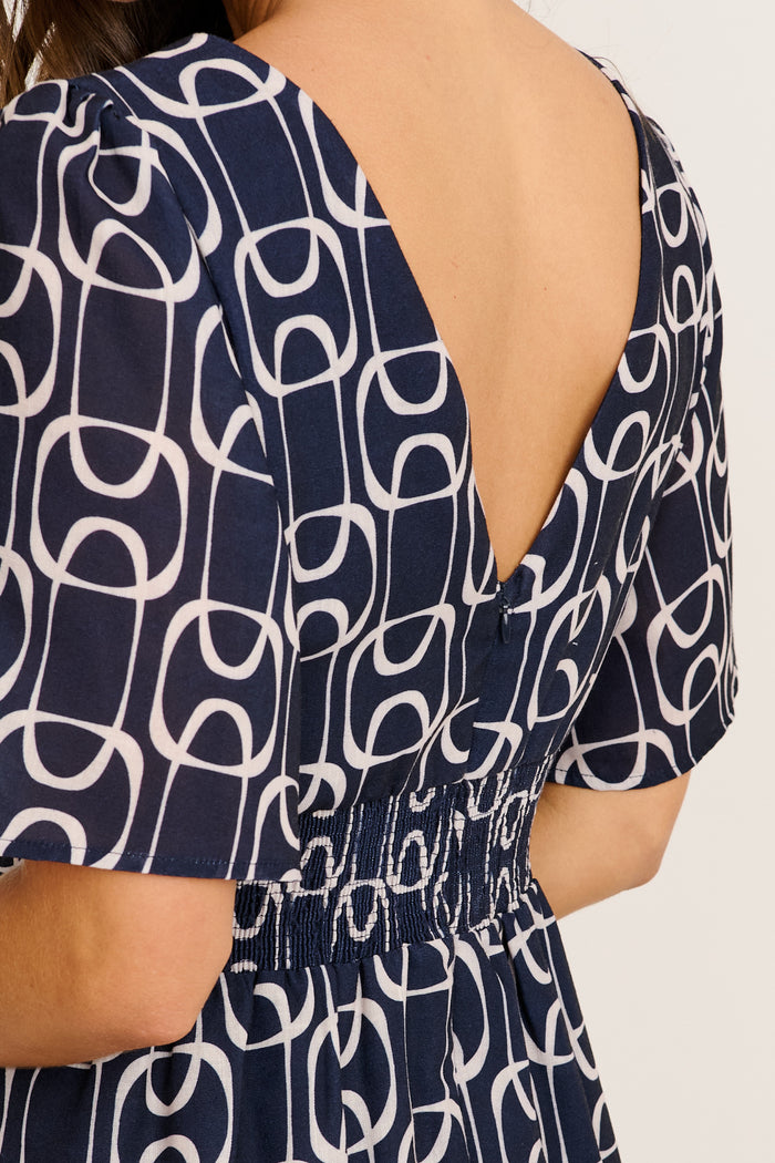 Styled for Success Midi Dress in Navy Geometric Print Linen Blend detail