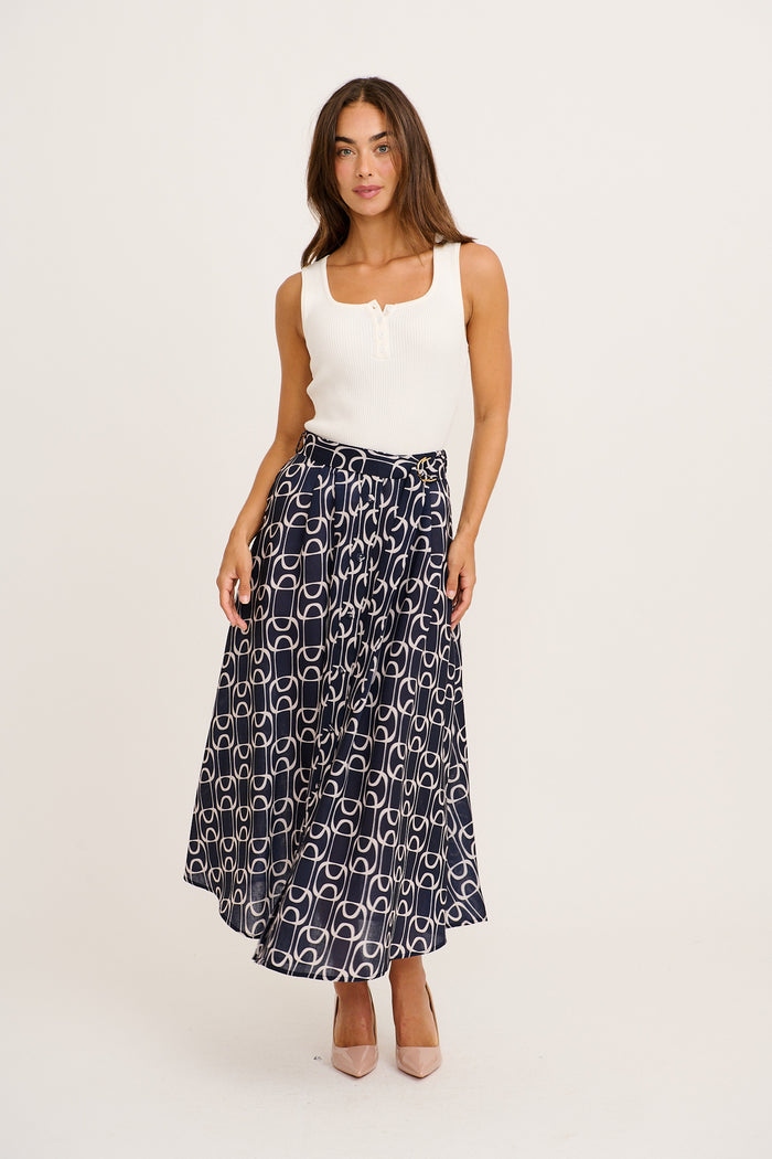 Office Day Midi Skirt In Navy Geometric Print Linen Blend full length