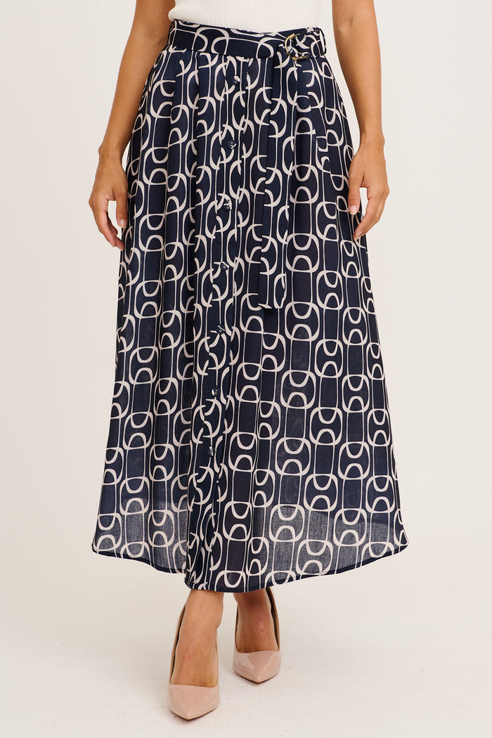 Office Day Midi Skirt In Navy Geometric Print Linen Blend front