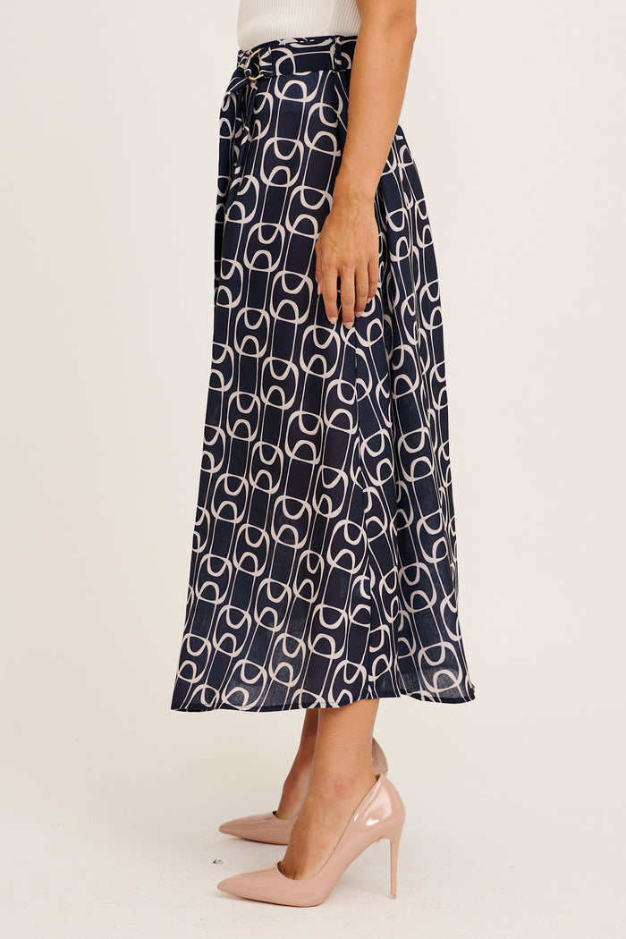 Office Day Midi Skirt In Navy Geometric Print Linen Blend side