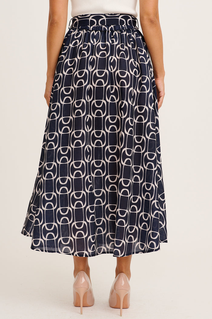 Office Day Midi Skirt In Navy Geometric Print Linen Blend back