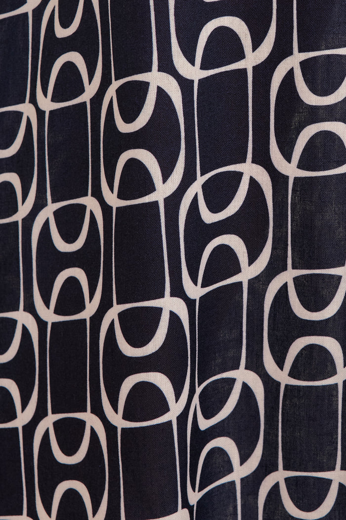 Office Day Midi Skirt In Navy Geometric Print Linen Blend fabric