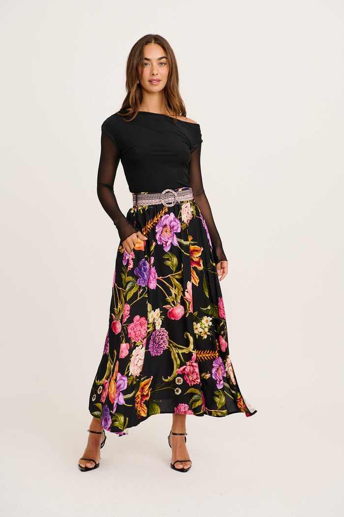 Aurora Radiance Maxi Skirt in Black with Multi Floral full length