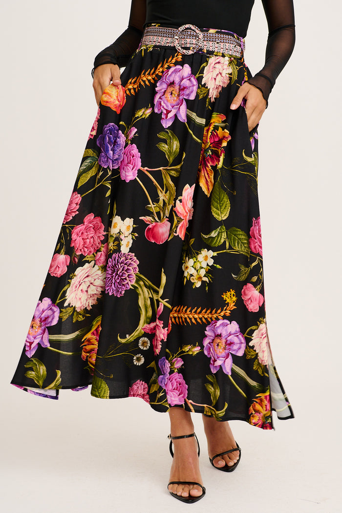 Aurora Radiance Maxi Skirt in Black with Multi Floral front