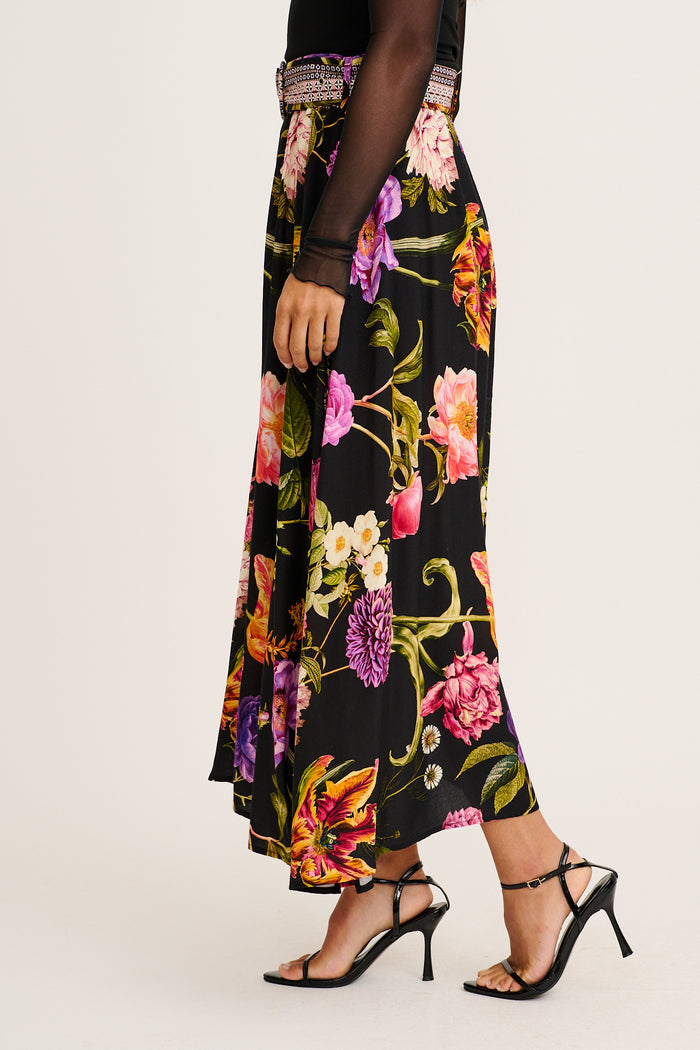 Aurora Radiance Maxi Skirt in Black with Multi Floral side