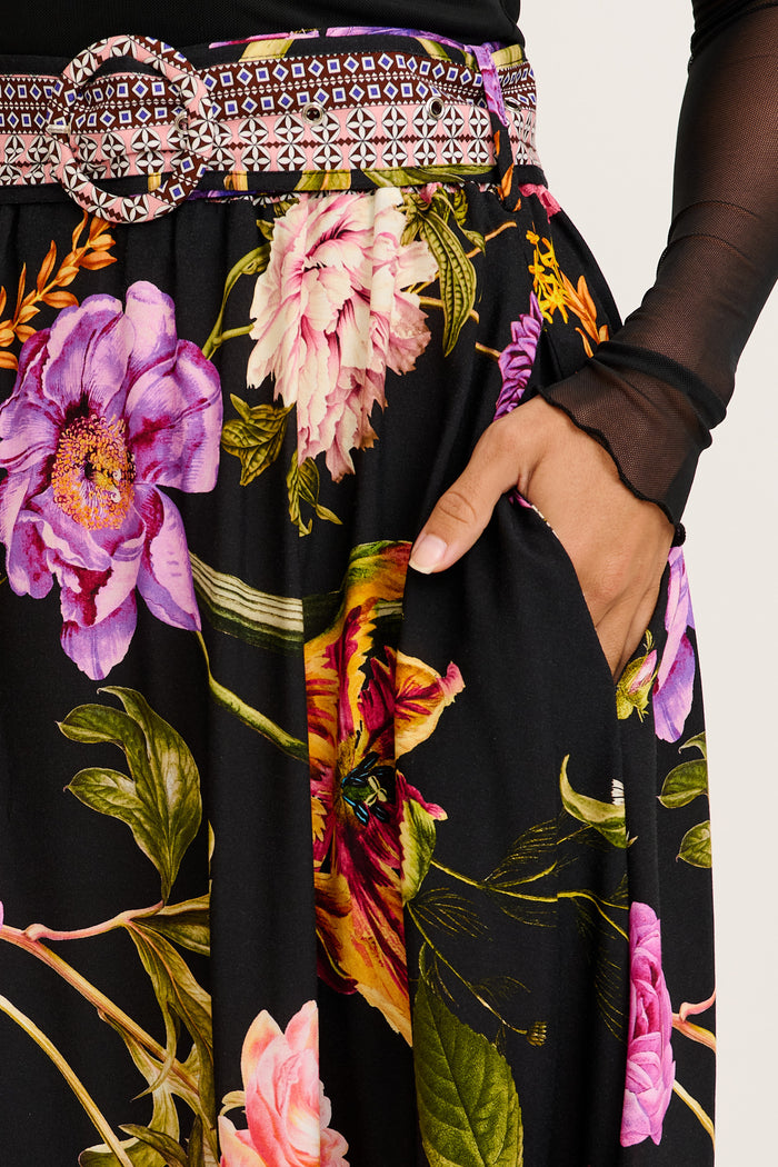 Aurora Radiance Maxi Skirt in Black with Multi Floral detail