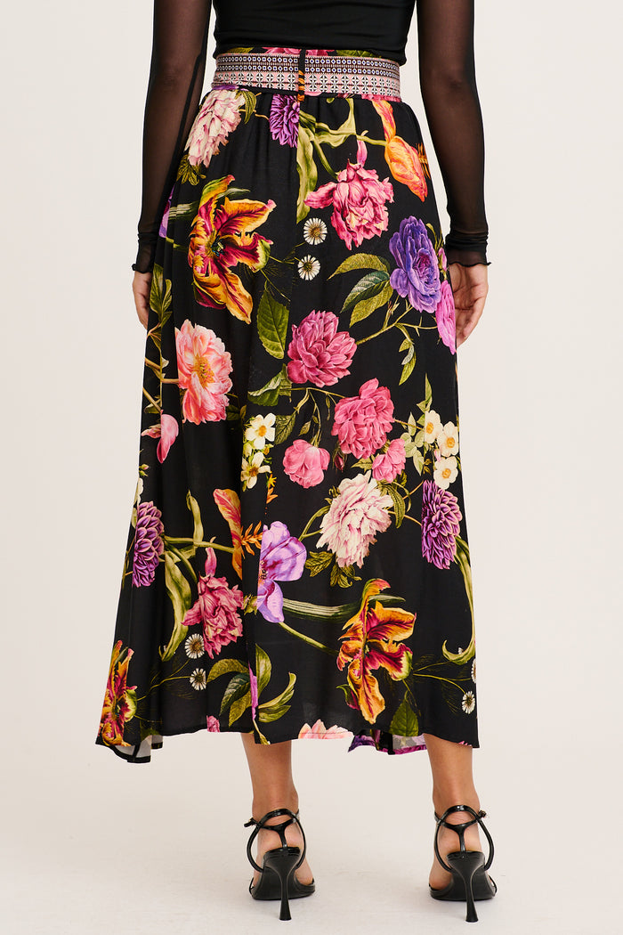Aurora Radiance Maxi Skirt in Black with Multi Floral back
