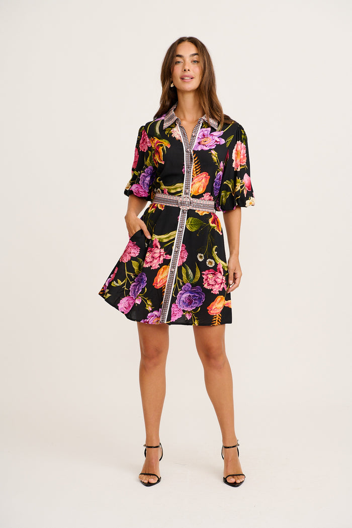 Dusk Soiree Shirt Dress in Black with Multi Floral full length